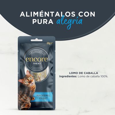 Encore Treat Filete de caballa, 100% ingredientes naturales, 30g. El envase muestra una imagen de un gato y el nombre del producto.