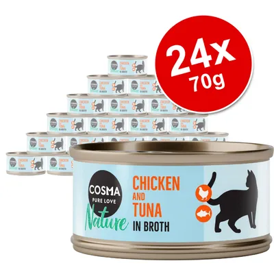 Cosma Nature Pure Love Chicken and Tuna in Broth, 24 x 70g tins, visible cat silhouette and product text on packaging