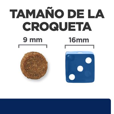 Tamaño de la croqueta: 9 mm de diámetro junto a un dado azul de 16 mm para comparación visual.