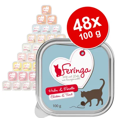 Feringa Huhn & Forelle Chicken & Trout kissan märkäruoka, 48 x 100 g annospakkausta näkyvissä. Pakkauksessa kissa ja sydänlogo, teksti: Mit viel Liebe wie hausgemacht!