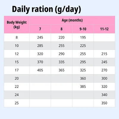 Tabella di alimentazione: razione giornaliera in grammi in base al peso corporeo (8–25 kg) e all'età (7–12 mesi). Esempio: 10 kg, 7 mesi = 285 g, 11–12 mesi = 225 g.