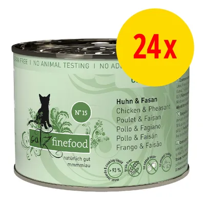 catz finefood N°15 kana & fasaani kissanruoka, 24x. Tekstit: grain free, no animal testing, no added sugar, 93 % meat & cooking liquid. Monikielinen tuoteseloste näkyvissä.