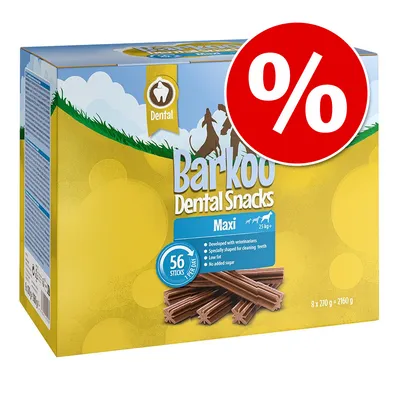 Barkoo Dental Snacks Maxi, 56 sticks, developed with veterinarians, specially shaped for cleaning teeth, low fat, no added sugar. Promotional percentage discount symbol shown.