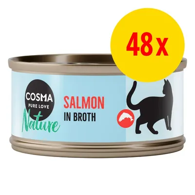 Cosma Pure Love Nature Salmon in Broth kattemad dåse, sort kattegrafik, gul cirkel med rød tekst 48x Cosma Pure Love Nature Salmon in Broth kattemad dåse, sort kattegrafik, gul cirkel med rød tekst 48x