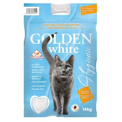 Lettiera per gatti Golden White Hygienic, 14 kg, con profumo di lavanda, circa 320% assorbenza, basso consumo e poca polvere. Immagine di un gatto grigio sulla confezione.