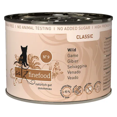 Catz finefood Classic Nr. 9, dziczyzna. Bez zbóż, bez testów na zwierzętach, bez dodatku cukru. Ponad 93% mięsa i wywaru. Jakość premium.