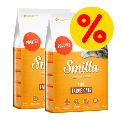 Smilla Adult Large Cats -kuivaruoka, siipikarja, 2 x 10 kg pakkaukset. Keltainen alennusmerkki näkyvissä. Teksti: extra large croquettes, contains taurine, omega fatty acids, yucca schidigera.