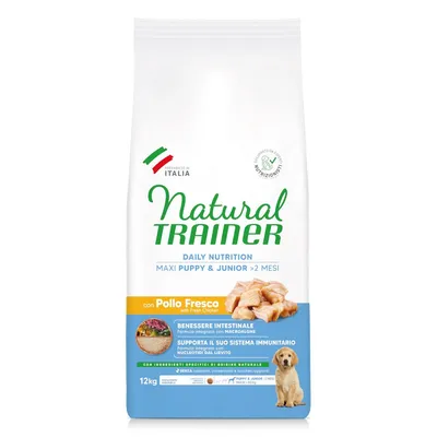Natural Trainer Maxi Puppy & Junior >2 meseca, Pollo Fresco, 12 kg. Besedilo v italijanščini: benessere intestinale, supporta il suo sistema immunitario, brez barvil, konzervansov, sladkorjev.