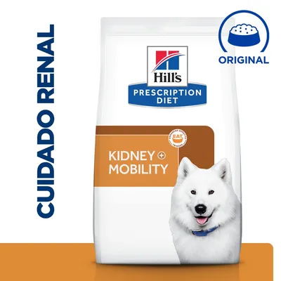 Hill's Prescription Diet Kidney + Mobility, envase con perro blanco, texto visible: CUIDADO RENAL y ORIGINAL, símbolo de cuenco de comida. Hill's Prescription Diet Kidney + Mobility, envase con perro blanco, texto visible: CUIDADO RENAL y ORIGINAL, símbolo de cuenco de comida.