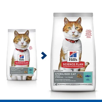 Dvě balení Hill's Science Plan Sterilised Cat s tuňákem, nápisy: SPECIALITY, STERILISED CAT ADULT 6 MONTHS – 1-6 YEARS, Unique Weight Management, Formula helps keep sterilised cats lean. Dvě balení Hill's Science Plan Sterilised Cat s tuňákem, nápisy: SPECIALITY, STERILISED CAT ADULT 6 MONTHS – 1-6 YEARS, Unique Weight Management, Formula helps keep sterilised cats lean.