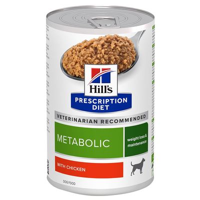 Hill's Prescription Diet Metabolic with Chicken, weight loss & maintenance, veterinario raccomandato, cibo umido per cani in lattina con etichetta verde e rossa.