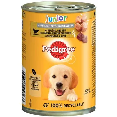 Blik Pedigree junior paté met gevogelte en rijst, 100% recyclebaar, gemaakt met natuurlijke ingrediënten. 100% compleet. Merknaam en productinformatie zichtbaar op het etiket.