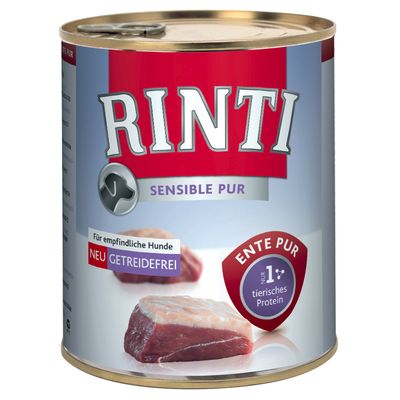 Консерва Rinti Sensible Pur Ente Pur для собак, надписи: Für empfindliche Hunde, NEU GETREIDEFREI, nur 1 tierisches Protein. Изображение куска мяса на упаковке.