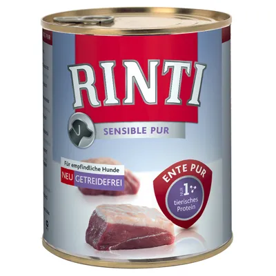 Консерва Rinti Sensible Pur Ente Pur для собак, надписи: Für empfindliche Hunde, NEU GETREIDEFREI, nur 1 tierisches Protein. Изображение куска мяса на упаковке.