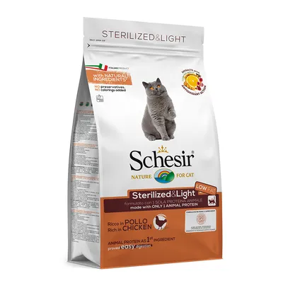 Schesir Sterilized & Light krmivo pro kočky, bohaté na kuře, s přírodními ingrediencemi, bez konzervantů a barviv, živočišné bílkoviny jako první složka, snadno stravitelné. Schesir Sterilized & Light krmivo pro kočky, bohaté na kuře, s přírodními ingrediencemi, bez konzervantů a barviv, živočišné bílkoviny jako první složka, snadno stravitelné.