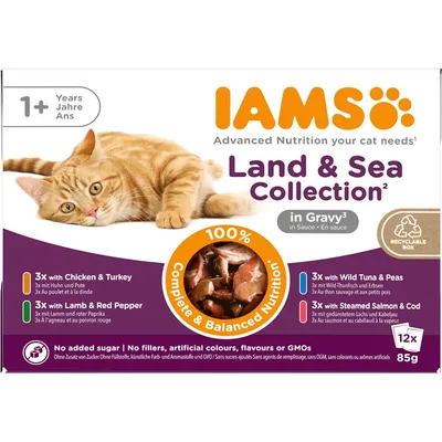 IAMS Delights Pacco misto 48 x 85 g Alimento umido per gatti - Sapori di Terra e Mare in Gelatina