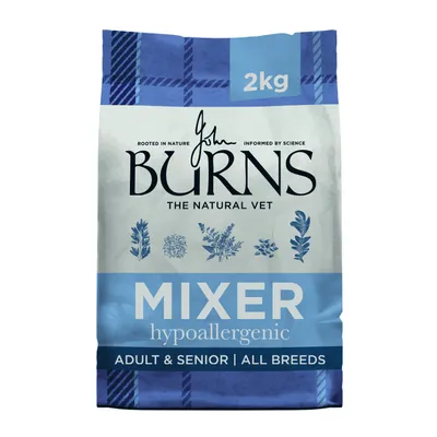 Burns The Natural Vet Mixer hypoallergenic, 2kg, Adult & Senior, All Breeds. Packaging with plant illustrations. Burns The Natural Vet Mixer hypoallergenic, 2kg, Adult & Senior, All Breeds. Packaging with plant illustrations.