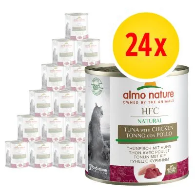24-pack Almo Nature HFC Natural kattmat, tonfisk med kyckling. Text på burk: 100 % naturlig, glutenfri, Tuna with Chicken, Thunfisch mit Huhn, Tonijn met Kip.