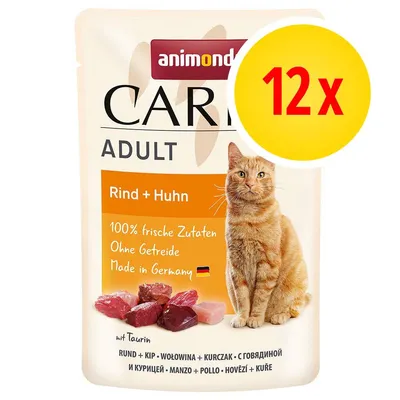 animonda Carny Adult Rind + Huhn, 12x, 100% frische Zutaten, ohne Getreide, Made in Germany, avec image de chat et morceaux de viande sur l’emballage
