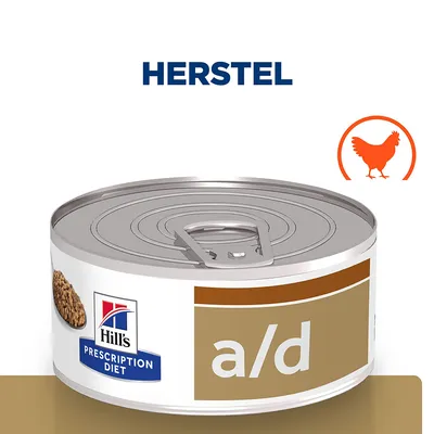Hill's Prescription Diet a/d blikvoer, zichtbaar met tekst 'HERSTEL' en kip-icoon. Blik met metalen deksel en productnaam duidelijk leesbaar. Hill's Prescription Diet a/d blikvoer, zichtbaar met tekst 'HERSTEL' en kip-icoon. Blik met metalen deksel en productnaam duidelijk leesbaar.