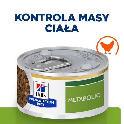 Hill's Prescription Diet Metabolic, puszka z widocznym napisem 'KONTROLA MASY CIAŁA' oraz symbolem kury. Opakowanie metalowe, etykieta zielono-biała. Hill's Prescription Diet Metabolic, puszka z widocznym napisem 'KONTROLA MASY CIAŁA' oraz symbolem kury. Opakowanie metalowe, etykieta zielono-biała.