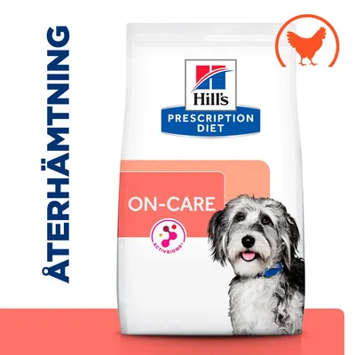 Hill's Prescription Diet ON-CARE hundfoder, text: ÅTERHÄMTNING och ACTIVBIOME, bild på hund samt ikon med kyckling upptill till höger. Hill's Prescription Diet ON-CARE hundfoder, text: ÅTERHÄMTNING och ACTIVBIOME, bild på hund samt ikon med kyckling upptill till höger.