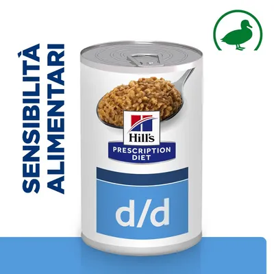 Hill's Prescription Diet d/d, lattina con cibo umido e scritta 'Sensibilità alimentari', simbolo anatra verde in alto a destra.