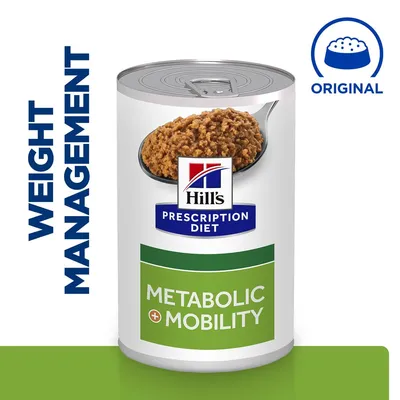 Hill's Prescription Diet konzerva, METABOLIC + MOBILITY, tekst WEIGHT MANAGEMENT i ORIGINAL, slika hrane na žlici na ambalaži.