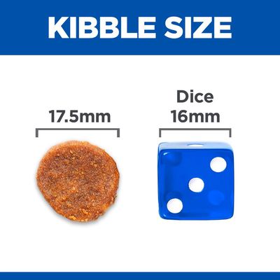 Размер на гранула: 17,5 мм до син зар с размер 16 мм. Текст на английски: Kibble size, Dice 16mm, 17.5mm.