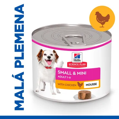 Konzerva Hill's Science Plan Small & Mini Adult 1-6, with chicken, mousse. Text: MALÁ PLEMENA. Vyobrazený pes a kousek paštiky na talíři. Konzerva Hill's Science Plan Small & Mini Adult 1-6, with chicken, mousse. Text: MALÁ PLEMENA. Vyobrazený pes a kousek paštiky na talíři.