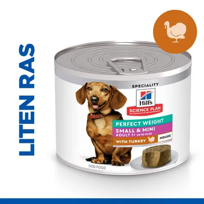 Hill's Science Plan Perfect Weight Small & Mini Adult 1+ upp till 10 kg med kalkon mousse, burk med hundbild och texten 'LITEN RAS' till vänster.