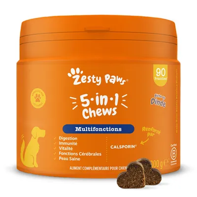 Zesty Paws 5-in-1 Chews Multifonctions, 90 friandises, riche en dinde, digestion, immunité, vitalité, fonctions cérébrales, peau saine, aliment complémentaire pour chiens, 630 g Zesty Paws 5-in-1 Chews Multifonctions, 90 friandises, riche en dinde, digestion, immunité, vitalité, fonctions cérébrales, peau saine, aliment complémentaire pour chiens, 630 g