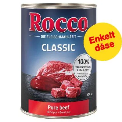Rocco Classic dåse, Pure beef, 400 g. Tekst: 100% fresh ingredients & grain-free. Gul cirkel med teksten Enkelt dåse.