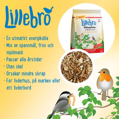 Lillebro Wild Bird Food, mix av spannmål, frön och mjölmask. Utmärkt energikälla, utan skal, orsakar mindre skräp. För foderhus, marken eller foderbord. 500 g förpackning.