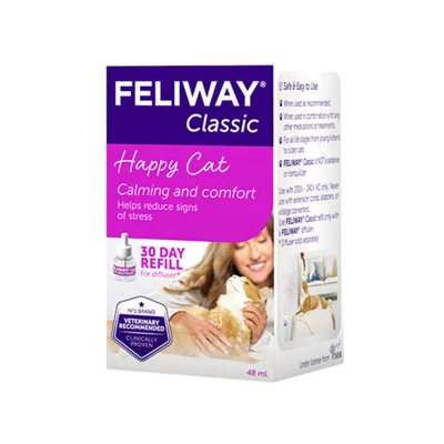 Feliway Classic Happy Cat 30 day refill, calming and comfort, helps reduce signs of stress, veterinary recommended, clinically proven, 48 mL. For diffuser use. Visible cat on packaging. Feliway Classic Happy Cat 30 day refill, calming and comfort, helps reduce signs of stress, veterinary recommended, clinically proven, 48 mL. For diffuser use. Visible cat on packaging.