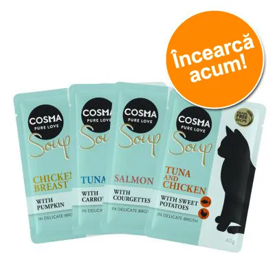 Plicuri Cosma Pure Love Soup: Chicken Breast with Pumpkin, Tuna with Carrots, Salmon with Courgettes, Tuna and Chicken with Sweet Potatoes. Inscripție portocalie: Încearcă acum!