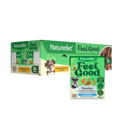 Naturediet Feel Good Senior Turkey & Chicken with Rice, Carrots and Potato. 18 x 390g. Complete Wet Meals for Dogs. Made in the UK. Low Fat Recipe. Naturediet Feel Good Senior Turkey & Chicken with Rice, Carrots and Potato. 18 x 390g. Complete Wet Meals for Dogs. Made in the UK. Low Fat Recipe.