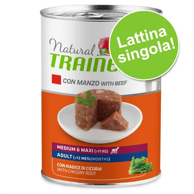 Natural Trainer con manzo, lattina singola per cani adulti medium & maxi (>11 kg, >12 mesi), con radice di cicoria. Testo visibile: 'Lattina singola!'. Natural Trainer con manzo, lattina singola per cani adulti medium & maxi (>11 kg, >12 mesi), con radice di cicoria. Testo visibile: 'Lattina singola!'.