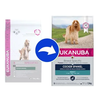 Förpackningsändring: Eukanuba Breed Specific Cocker Spaniel Adult torrfoder, gammal och ny design visas sida vid sida. Synlig vikt: 7,5 kg.