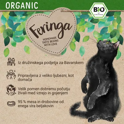 Feringa ORGANIC. Iz družinskega podjetja za Bavarskem, pripravljena z veliko ljubezni, velik pomen dobremu počutju živali, 95 % mesa in drobovine od enega vira beljakovin. Bio certifikat.