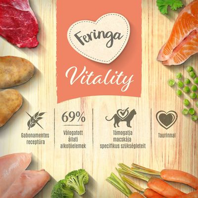 Feringa Vitality. Gabonamentes receptúra, 69% válogatott állati alkotóelemek, támogatja macskája specifikus szükségleteit, taurinnal. Hús, zöldség és hal képekkel.