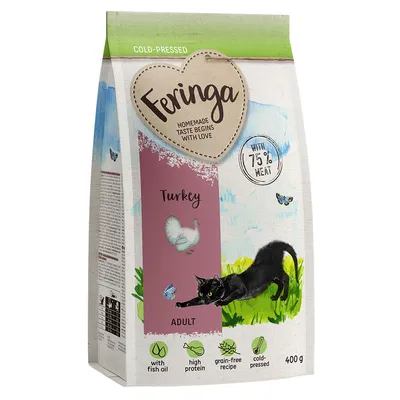 Embalagem de Feringa Turkey Adult, 400 g, com texto: 'Homemade taste begins with love', 'with 75% meat', ícones: óleo de peixe, proteína elevada, sem cereais, prensado a frio. Embalagem de Feringa Turkey Adult, 400 g, com texto: 'Homemade taste begins with love', 'with 75% meat', ícones: óleo de peixe, proteína elevada, sem cereais, prensado a frio.