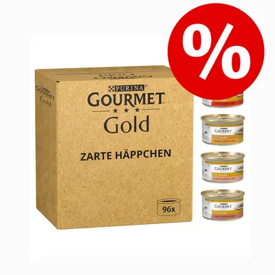 Purina Gourmet Gold Zarte Häppchen, pakiranje od 96 konzervi. Prikazane četiri vrste konzervi s oznakom popusta (%). Purina Gourmet Gold Zarte Häppchen, pakiranje od 96 konzervi. Prikazane četiri vrste konzervi s oznakom popusta (%).