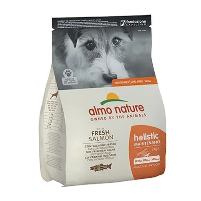 almo nature holistic maintenance con salmone fresco, 2 kg, per cani taglia extra small e small. Adult dog dry food. Fondazione Capellino visibile sulla confezione. almo nature holistic maintenance con salmone fresco, 2 kg, per cani taglia extra small e small. Adult dog dry food. Fondazione Capellino visibile sulla confezione.