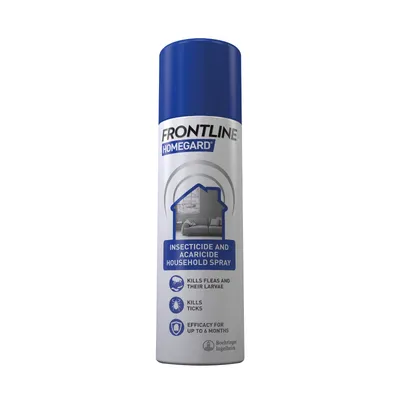 Frontline Homegard insecticide and acaricide household spray. Kills fleas, their larvae and ticks. Efficacy for up to 6 months.