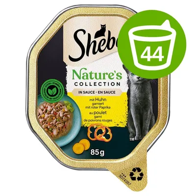 Sheba Nature's Collection in Sauce macskaeledel, csirkehússal és piros paprikával, 85 g. Zöld ikon: 44 adag. Cica képe a csomagoláson.