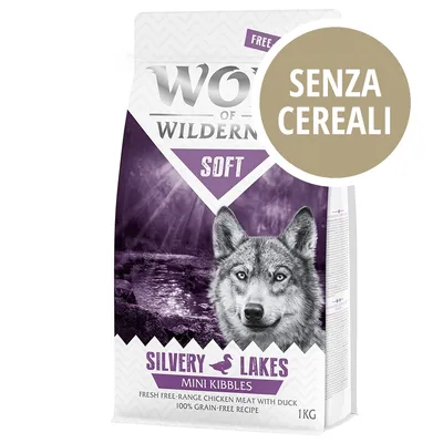 Wolf of Wilderness Soft Silvery Lakes Mini Kibbles, senza cereali, carne di pollo allevato all'aperto con anatra, ricetta 100% grain-free, confezione da 1 kg.