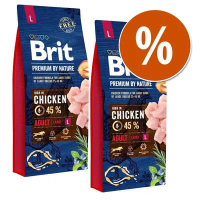 2 confezioni Brit Premium by Nature per cani adulti taglia grande 25–45 kg, pollo 45 %, Adult Large L, scritta 'GMO Free Soy', simbolo percentuale promozione.