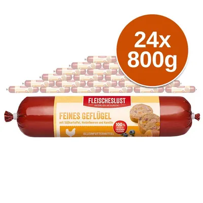 Fleischeslust Feines Geflügel, 24×800 g, édesburgonyával, áfonyával és kamillával. 100% friss hús. Német nyelvű feliratok a csomagoláson.