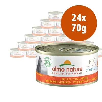 24 lattine da 70 g di Almo Nature HFC Complete pollo con carote, confezione visibile con etichetta e scritta 'Profits 100% to nature'.